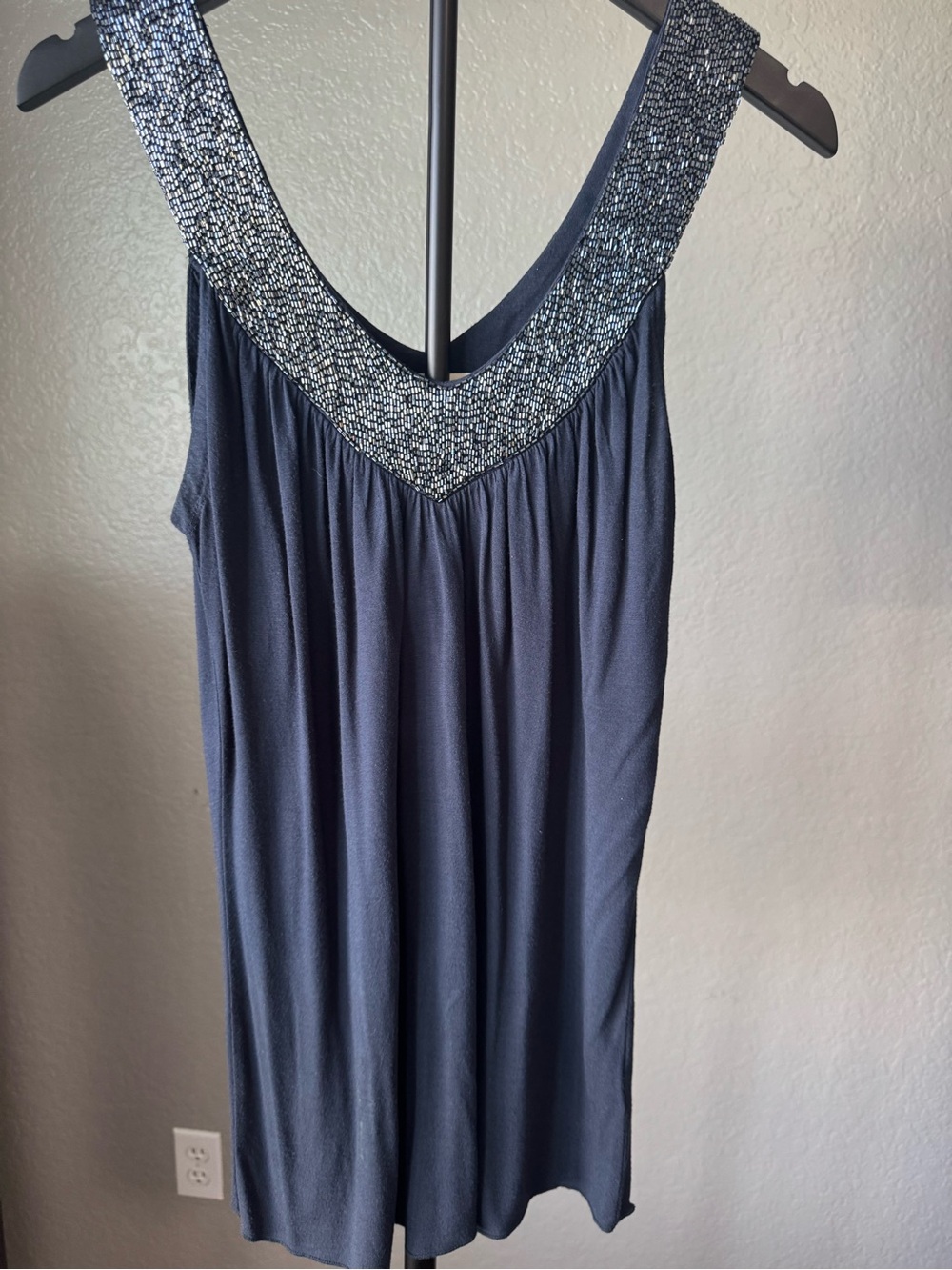 Sleeveless Embellished Neckline Women's Top – Navy